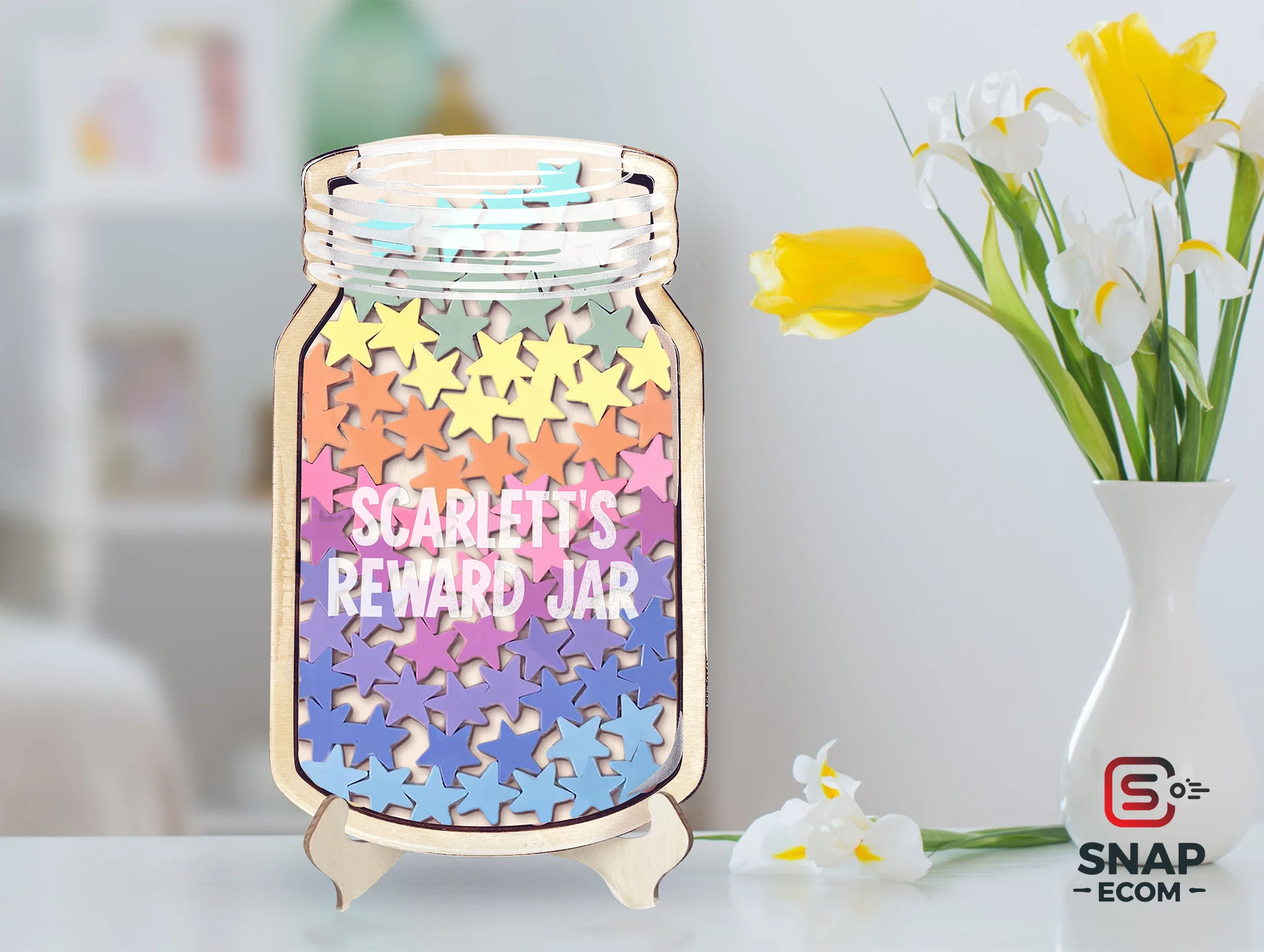 Personalized Reward Jar for Kids Mix Wood and Acrylic - 3 layers - 4
