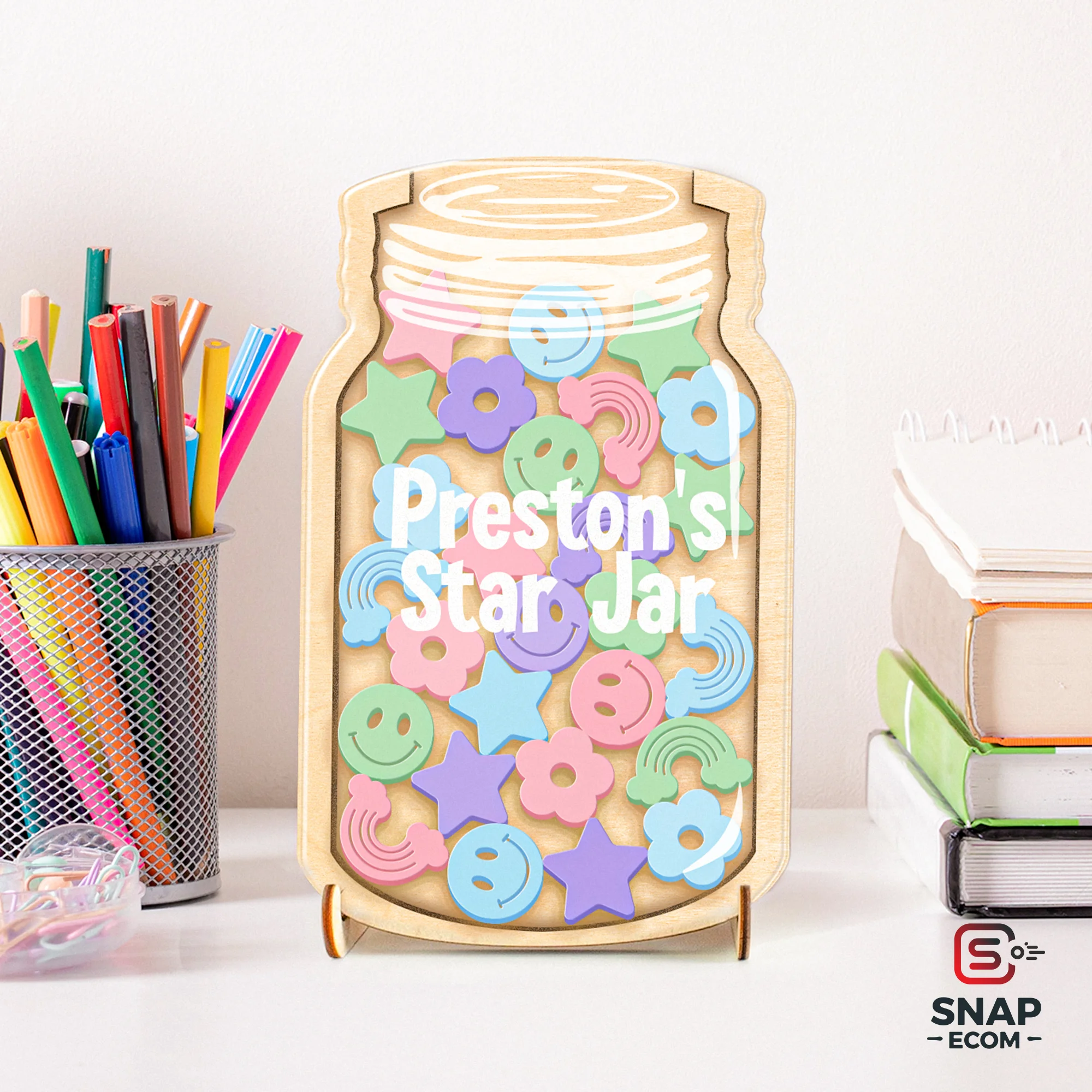 Personalized Reward Jar for Kids Mix Wood and Acrylic - 3 layers - 5