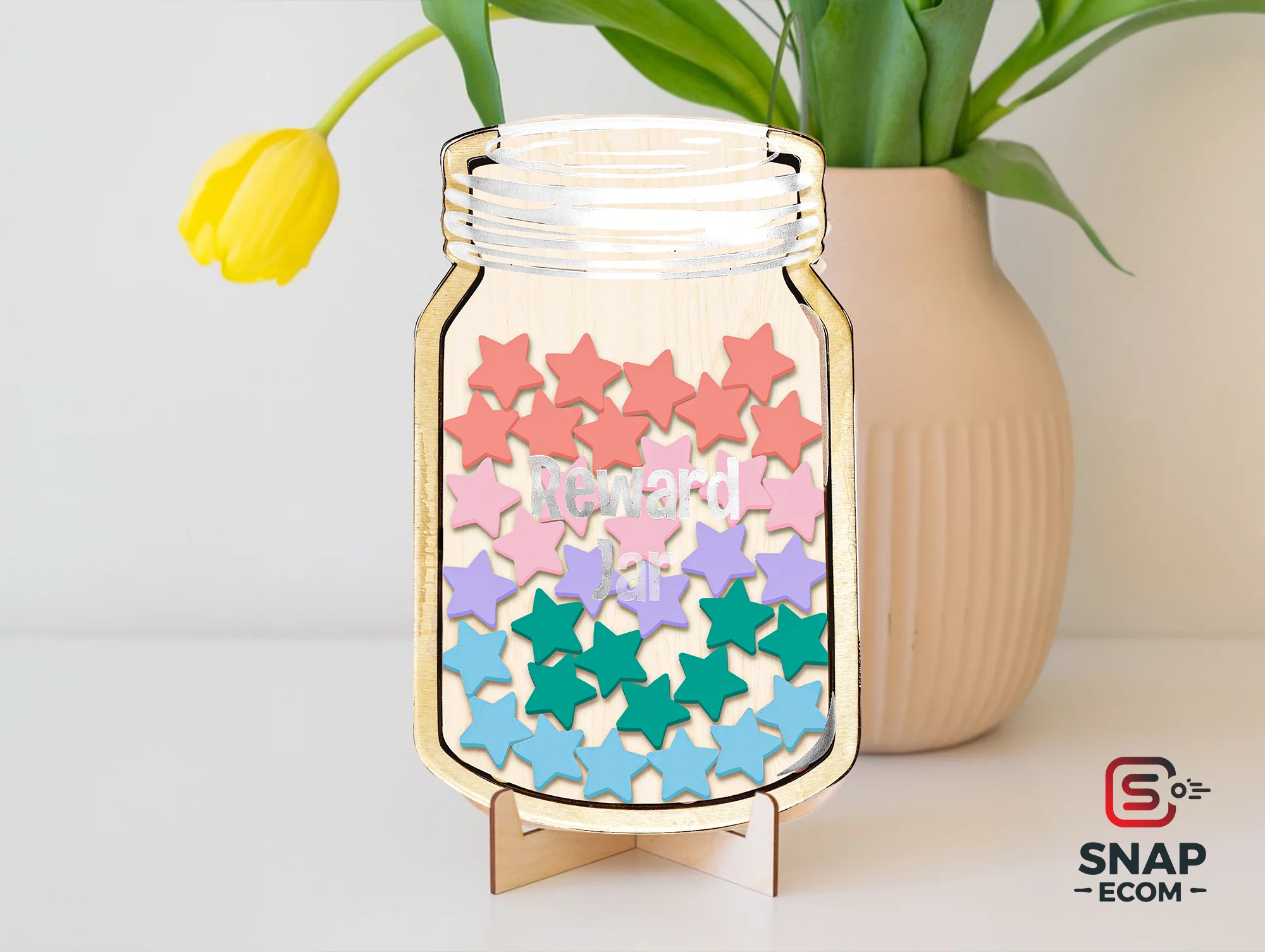 Personalized Reward Jar for Kids Mix Wood and Acrylic - 3 layers - 7