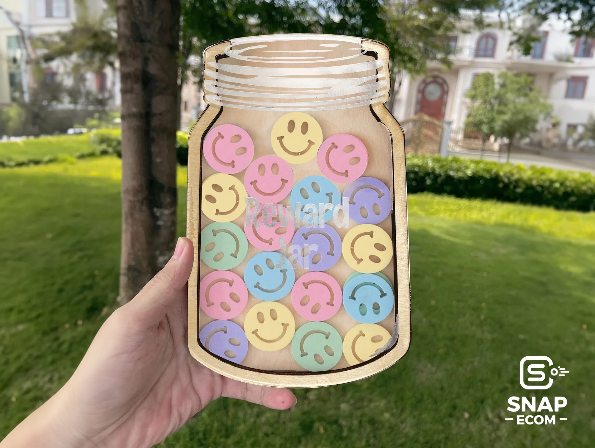 Personalized Reward Jar for Kids Mix Wood and Acrylic - 3 layers - 9