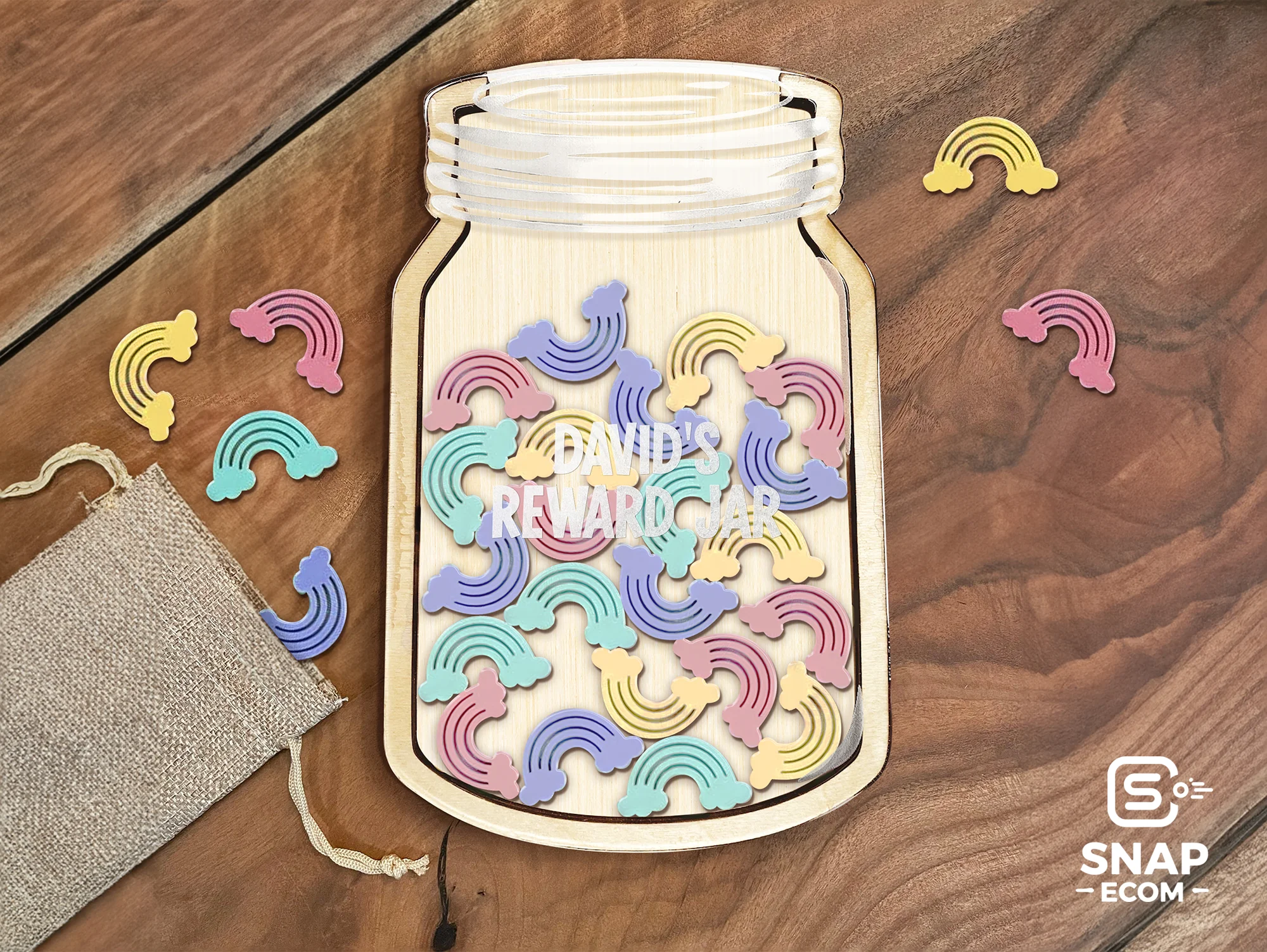 Personalized Reward Jar for Kids Mix Wood and Acrylic - 3 layers - 10