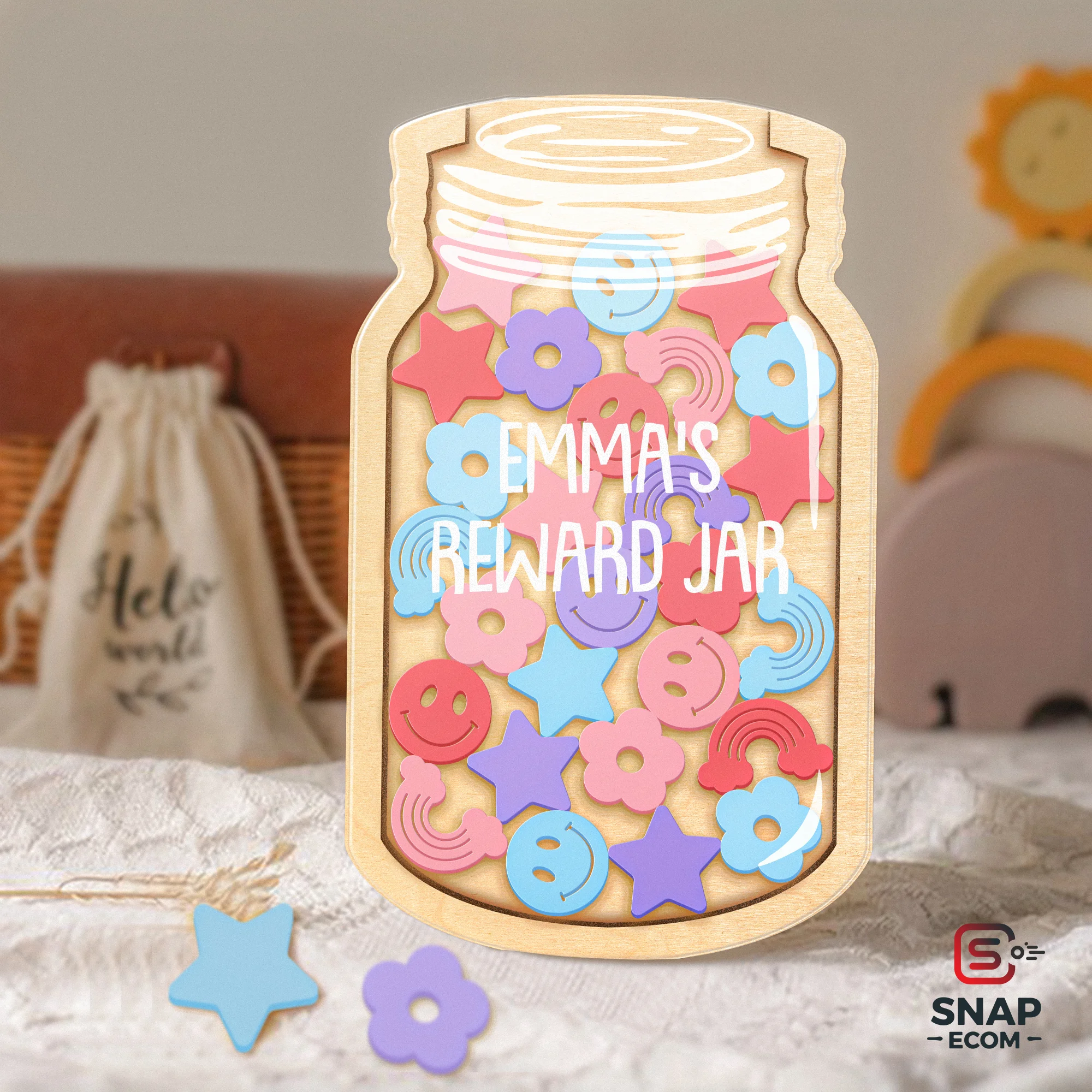 Personalized Reward Jar for Kids Mix Wood and Acrylic - 3 layers - 12